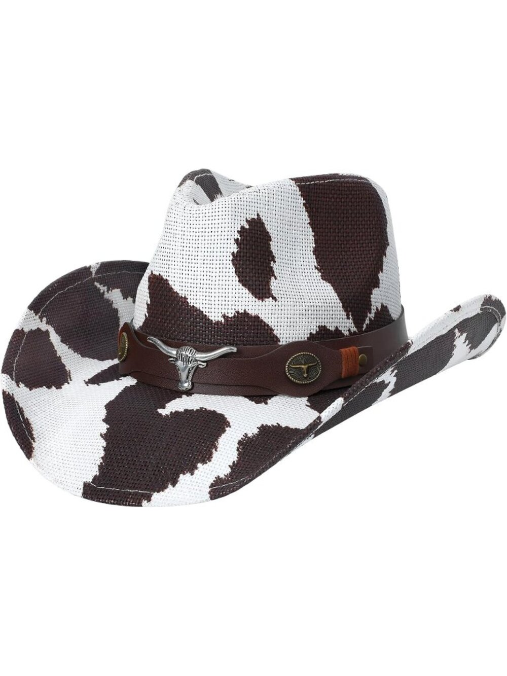 Men's Brown White Elastic Closure Straw Wide Shapeable Brim Cowboy Western Hat